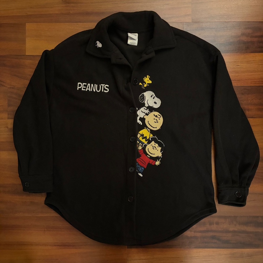 Peanuts Snoopy Charlie Brown‎ Lucy Fleece Button Up Shirt Black Unisex Size S